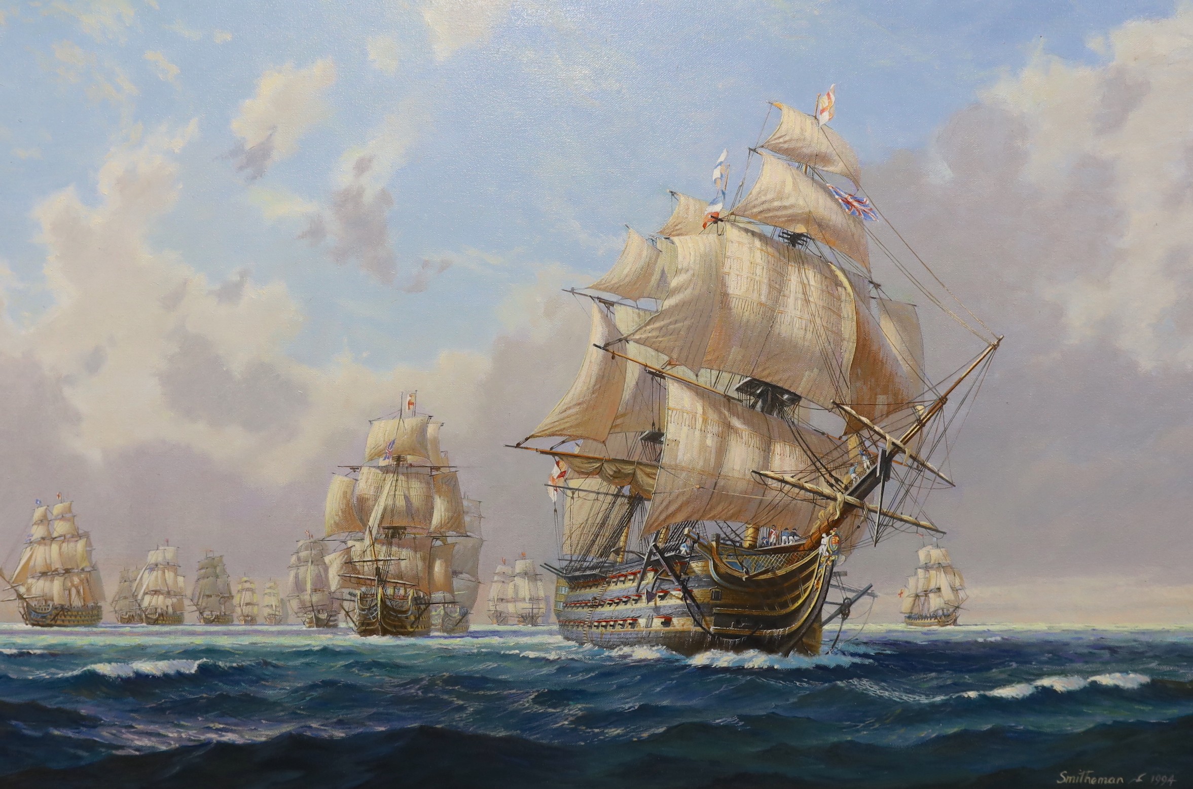 S. Francis Smitheman (1927-2016), oil on canvas, HMS Victory leaving the fleet at Trafalgar, signed and dated 1994, 50 x 75cm